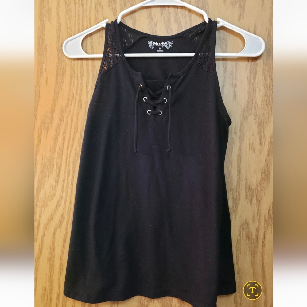 Cute, black, sleeveless tank with lace up v neck. Size 14 girls.